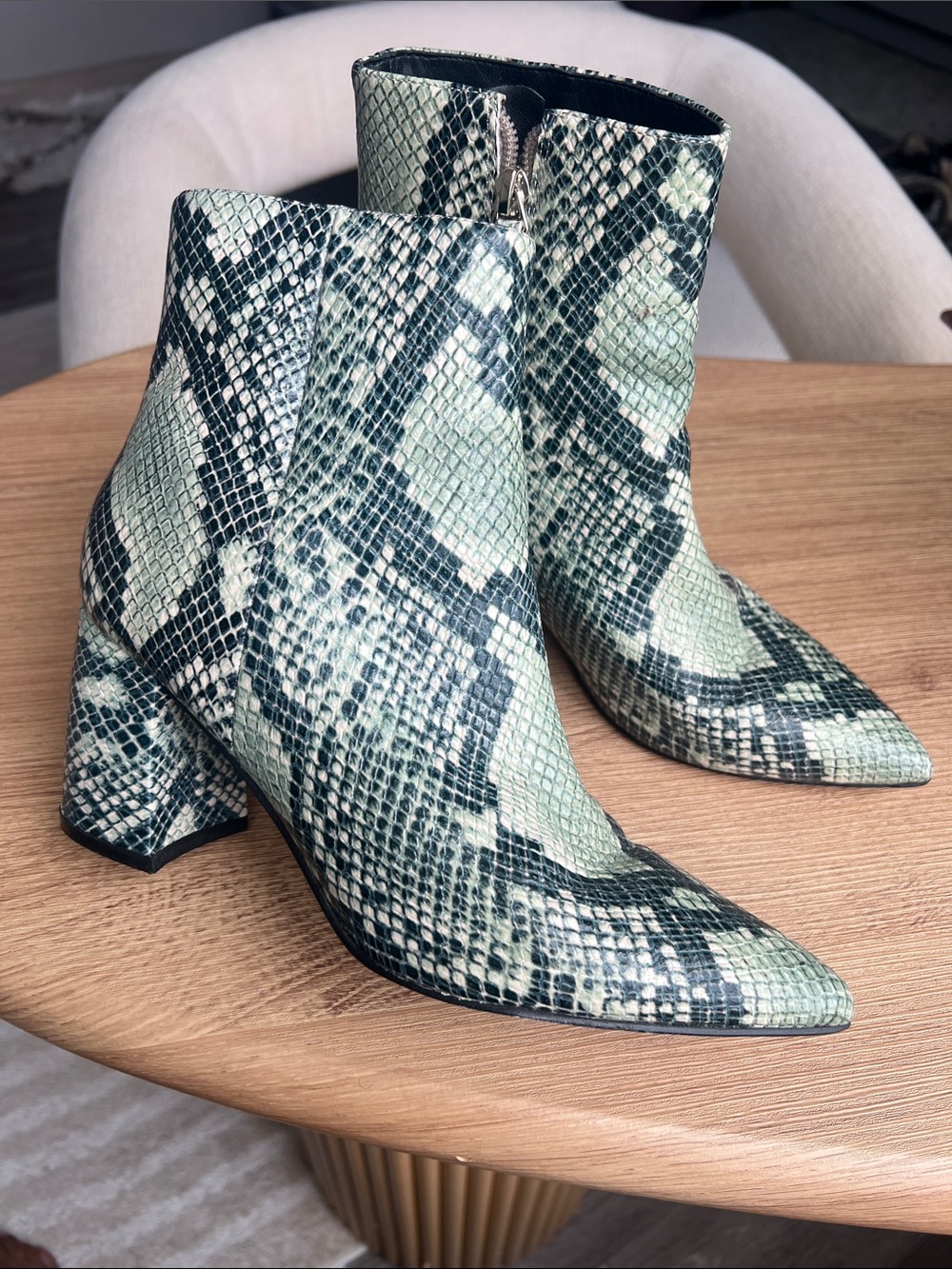 Nine West Mint Green Snake-Print Pointed Ankle Boots
